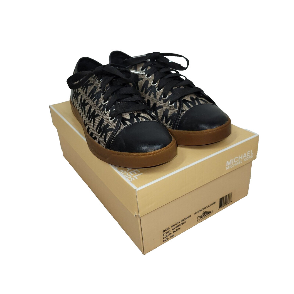 Michael Kors Shoes Size 10 Womens Black Tan MK Signature Logo Lace Up Sneakers - Picture 2 of 16